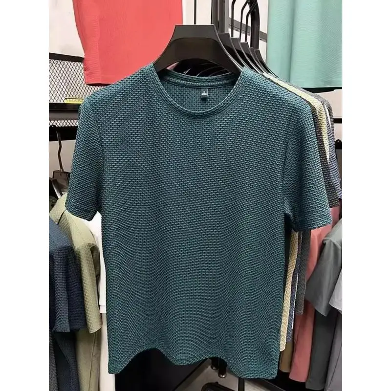 Ice Silk T-shirt Men's Short Sleeved 2025 Summer New Bamboo Jacquard Top Cool, Breathable, Elastic Base Shirt Versatile