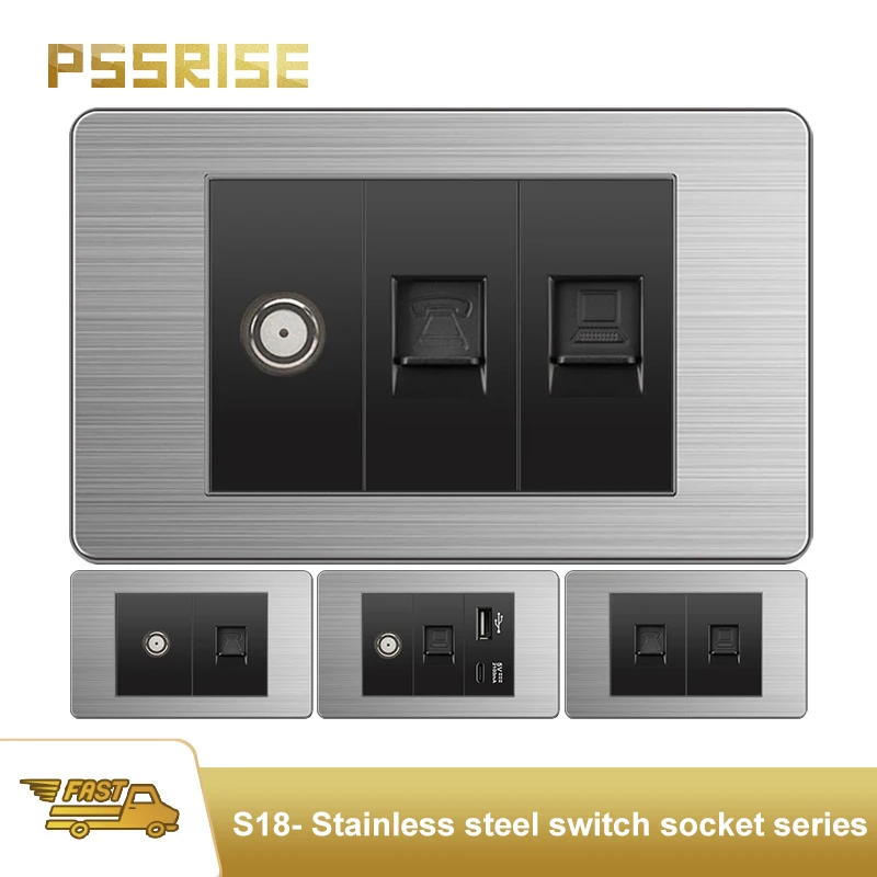 

PSSRISE Black Brazil Italy American Standard wall socket with 2.1A USB Type-c charger Stainless steel panel computer TV socket
