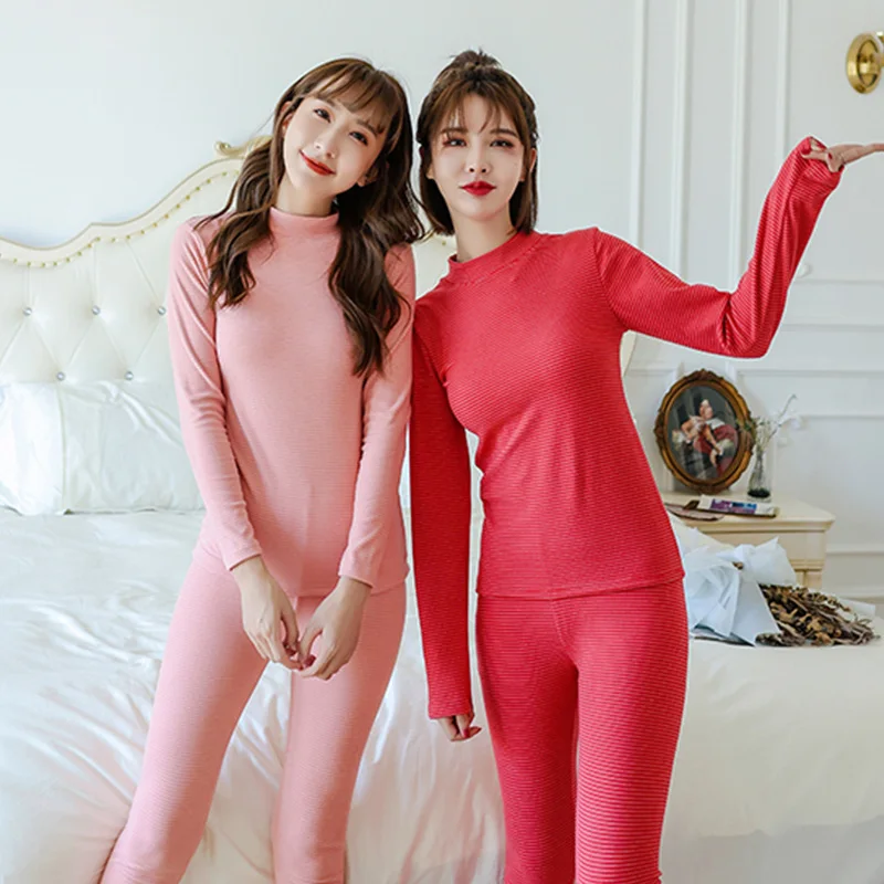 Women's Autumn Winter Thickened Long Sleeve Half High Collar Double Sided Velvet Warm Fleece Lined Two Piece Set Cotton Strip...