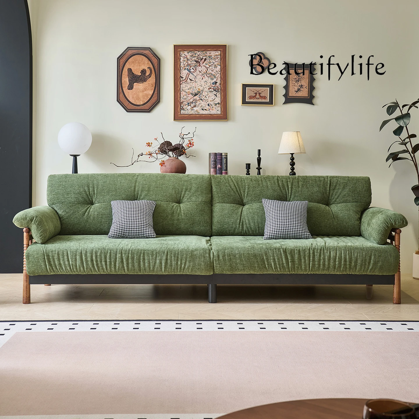 

French retro style sofa medieval straight row living room small apartment three-person chenille fabric sofa