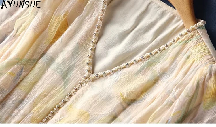 AYUNSUE 100% Natürliche Maulbeerseide Elegante Kleider für Frauen Langes Kleid Tailliert Modisches Sommerkleid Damenkleidung Vestido Mujer