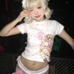 Deeptown Kawaii Y2k Harajuku T-shirt Japanese Style Sexy Pink Crop Tops Slim Up Coquette Streetwear Casual Cutecore Summer Tees