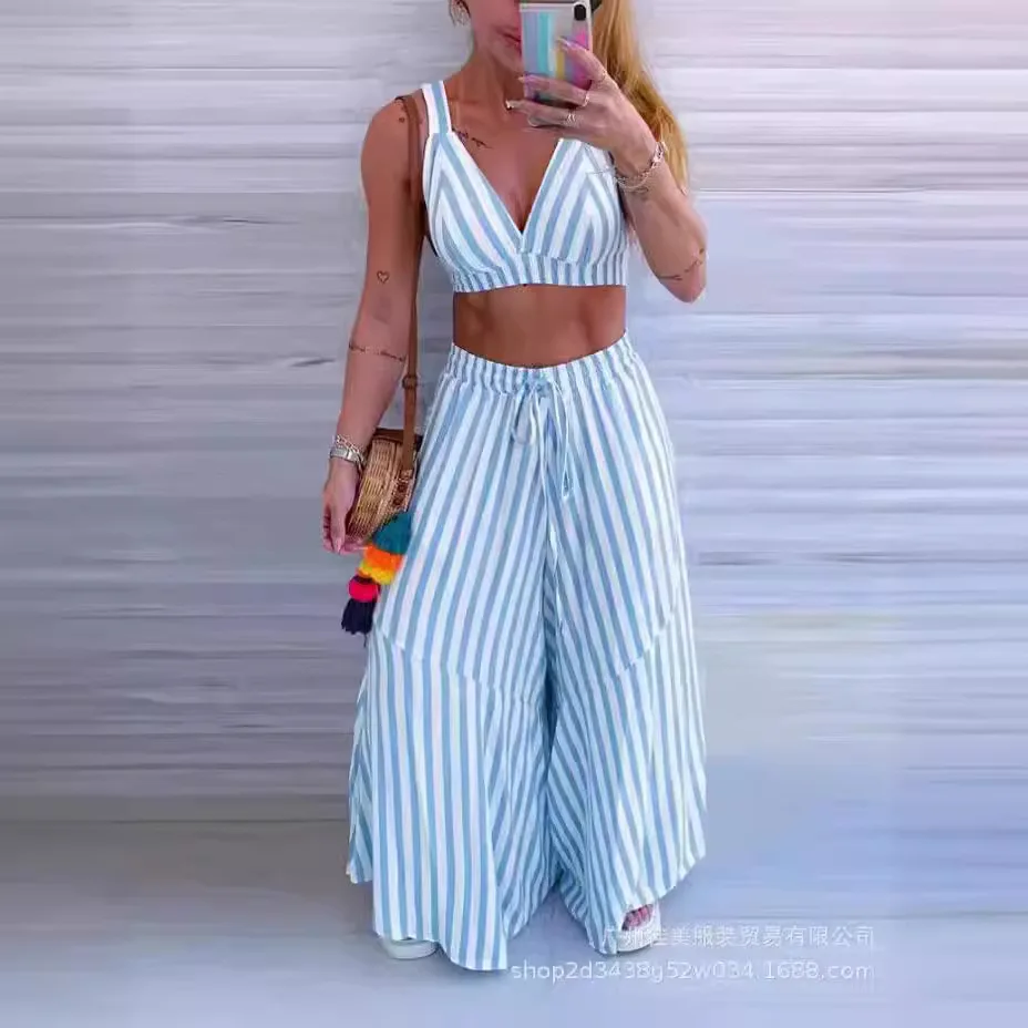 

Summer New Striped Printed Sling Backless Sexy Casual Wide Leg Loose Tied Elastic Waist V Neck Tanks Top Pants Clothes Set