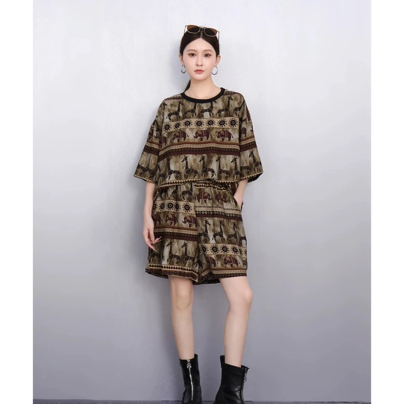 2025 Spring Summer New Suit Women Loose Printed T-shirts Top Shorts Two-piece Set J1170