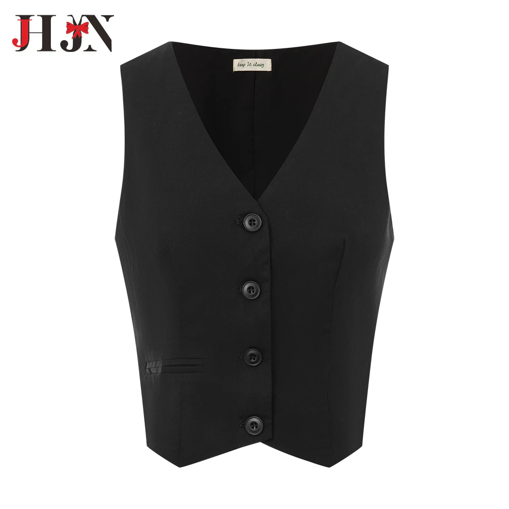 JHJN Women Vests New Suit Casual Sleeveless Solid Color Outerwear Black Tops Korean Fashion Short Section Single-Breasted Coat