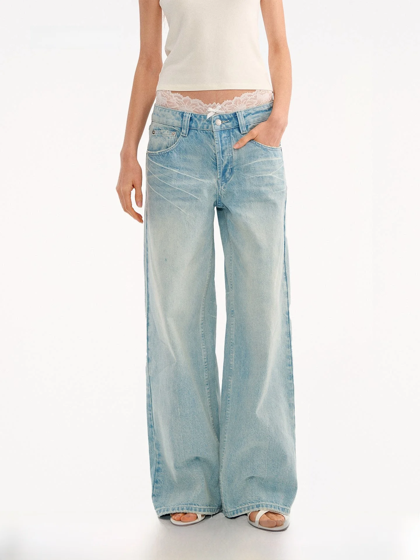 

Low Waist Ice Blue Waed Denim Jeans Straight Leg Slimming Casual Versatile Wide Leg Long Pants Women
