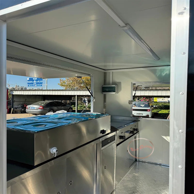 مقطورة طعام خارجية متعددة الوظائف باللون الأسود، عربة الوجبات الخفيفة القابلة للقطر، معدات تقديم الطعام المتنقلة التجارية لبدء التشغيل #4