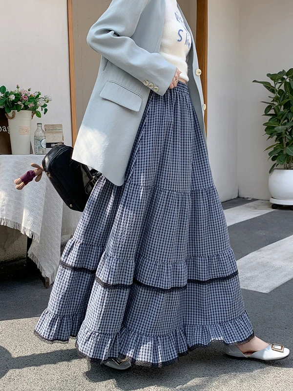 

Retro Blue Plaid Wood ain f Skirt Women's Spring 2026 Super ular Anti-Aging Personali Versatile A-Line Midi Skirt