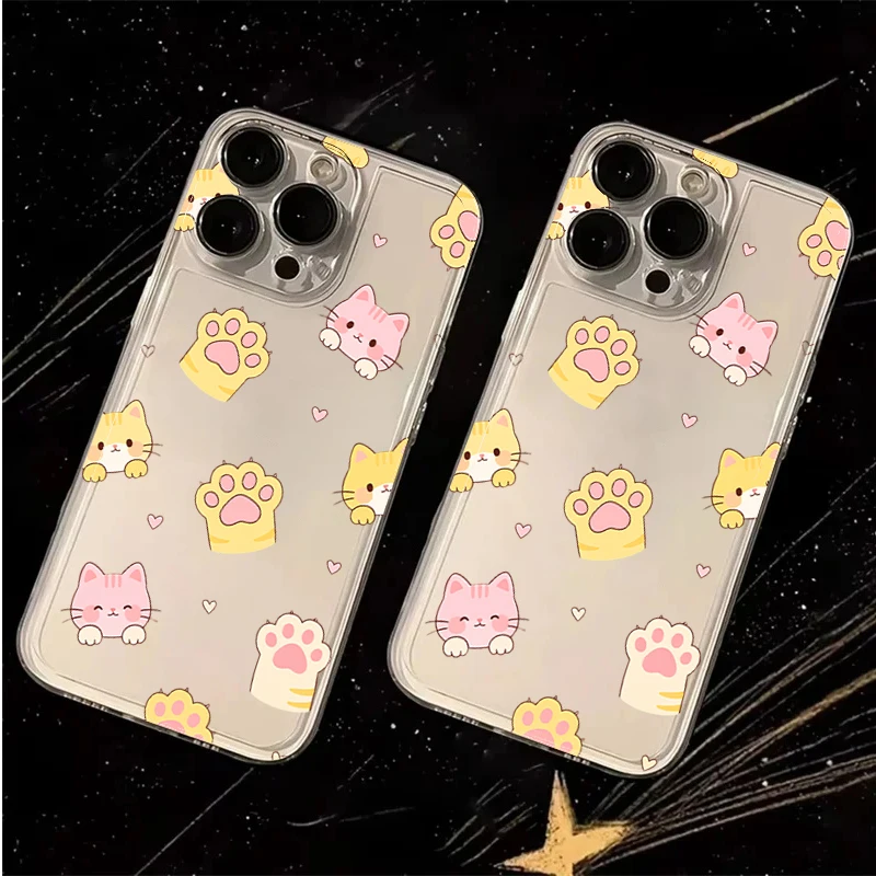 

Cute Pink Yellow Cat Paw Heart Clear Phone Case For iPhone 16 Pro Max 15 14 13 12 11 17Air XS X XR 7 8 Plus 16E Shockproof Cover