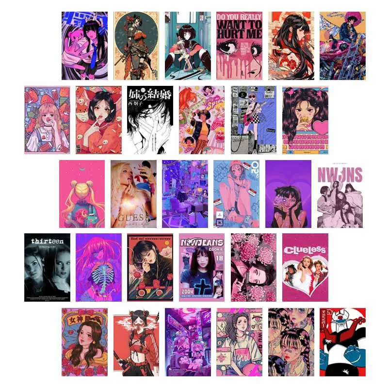 10/30 PCS Y2K Comics Abstract Contrast Color Posters Cards Cartoon Vaporwave Girl Poster Collage Kit Dorm Wall Decor for Teens