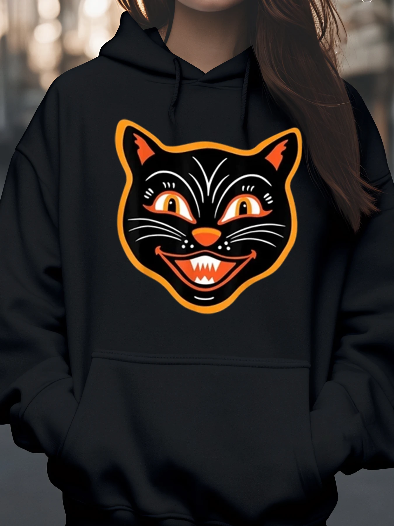 سترة بغطاء للرأس مطبوعة على شكل وجه قطة للهالوين ملابس كاجوال للسيدات