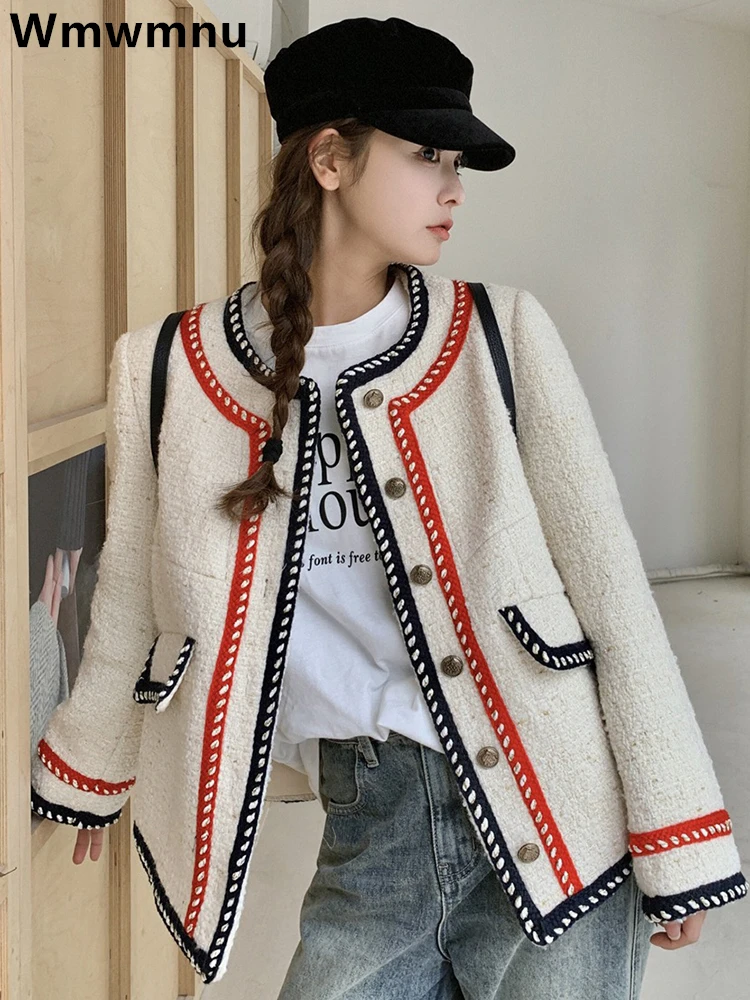 

Wool Blend Jackets Women New Beige Bright Silk Design Tweed Coats Casual Slim Single Breasted Vintage Chaquetas Korean Casacos