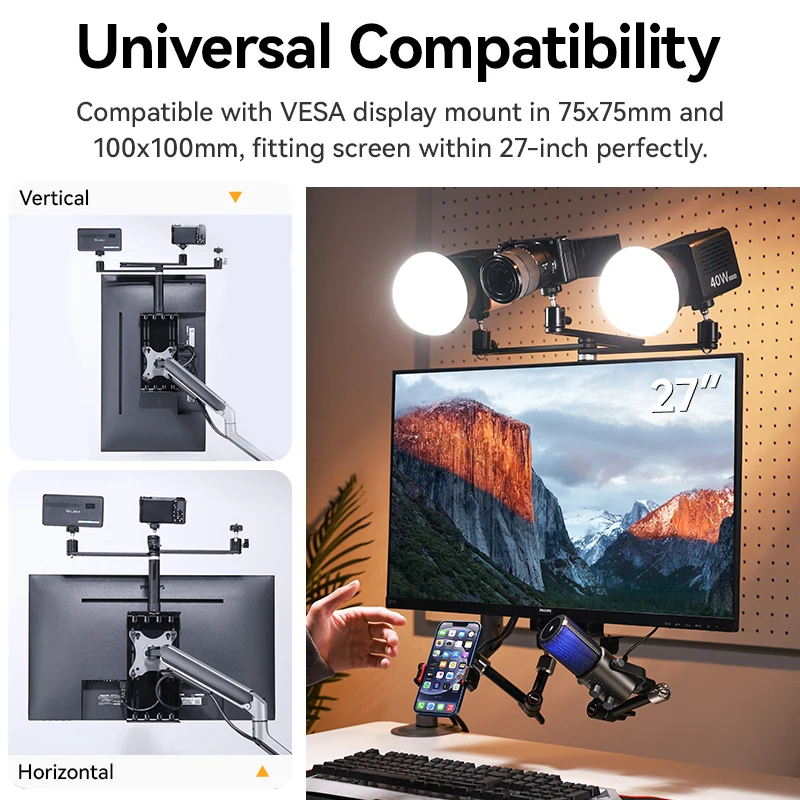 Adaptador de monitor Ulanzi VS01 VESA com braço de extensão superior para luz de preenchimento de câmera COB para transmissão ao vivo