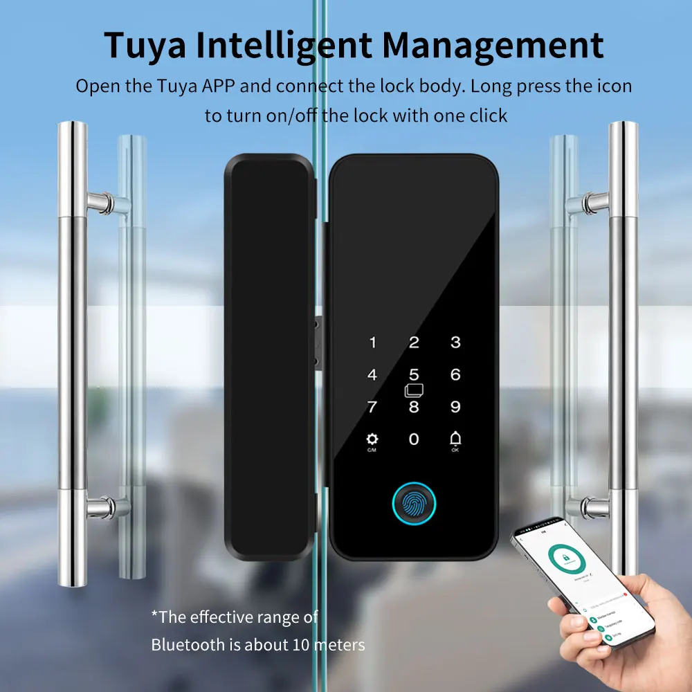 Tuya APP Glass Door Fingerprint Lock Bluetooth Smart Biometric Electronic Office Glass Door Lock 13.56Mhz RFID IC Keyless Unlock