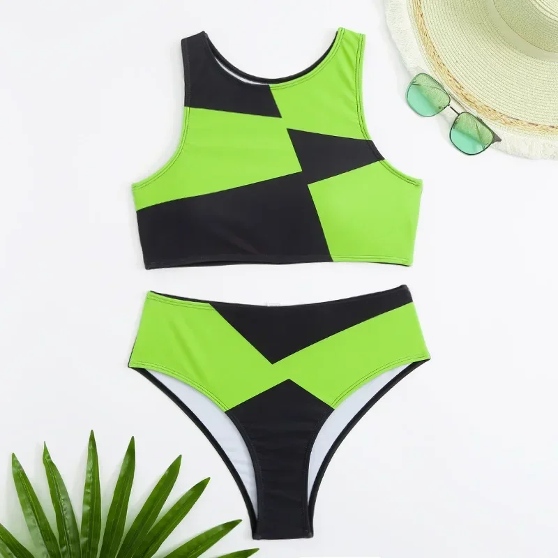 Hoog getailleerd patchwork-badpak voor dames, bikini, zomer 2024, fluorescerend groen contrast, tankini, ronde hals, badkleding, badpak