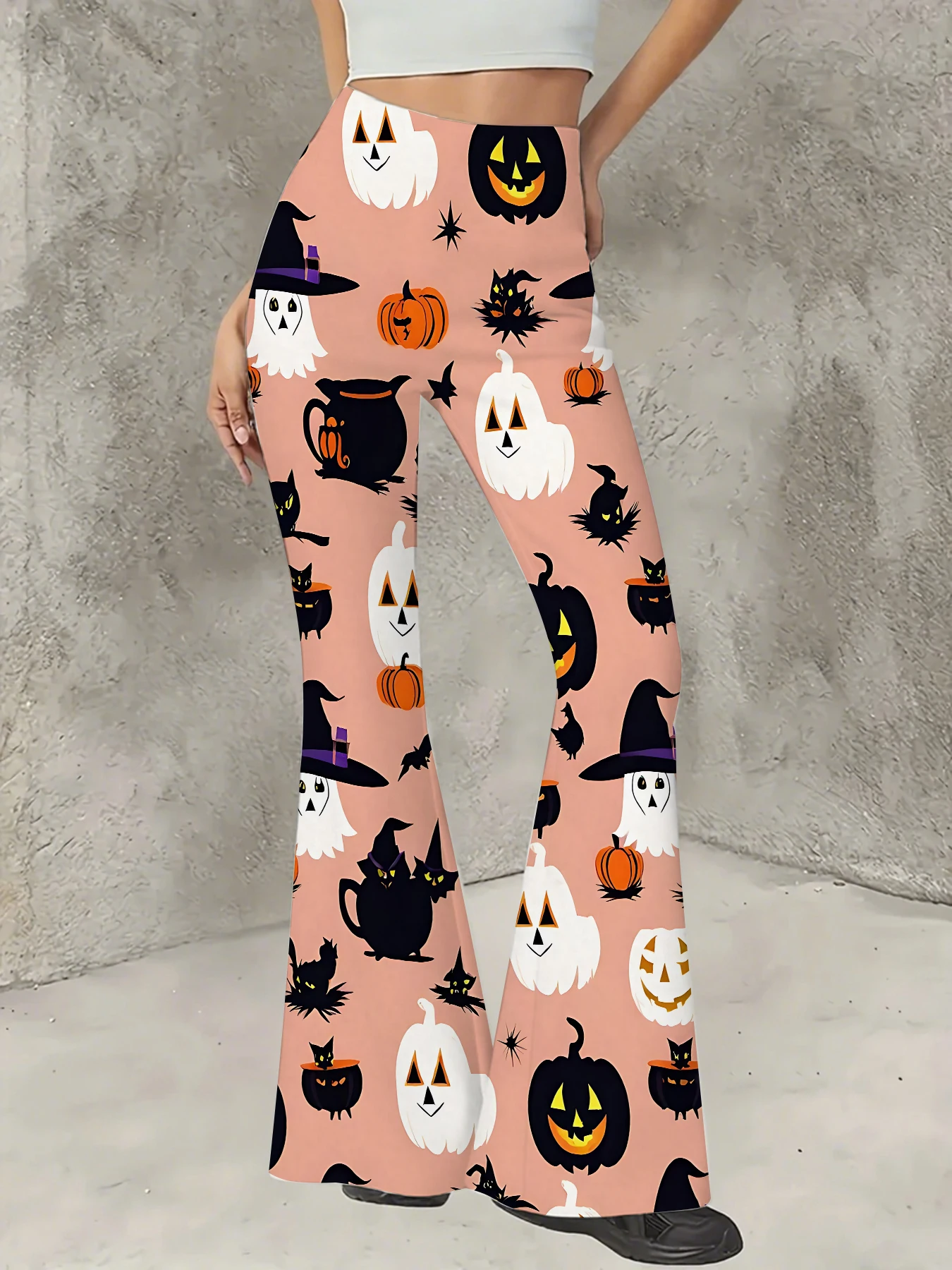 

Women's Print Flare Pants Casual High Waist Knit Bell Bottom Trousers Boho