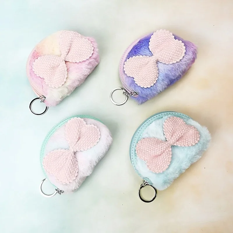 Adorable Mini Floral-Embroidered Bow Tie-Dye Ombre Plush Half-Moon Coin Purse Organizer