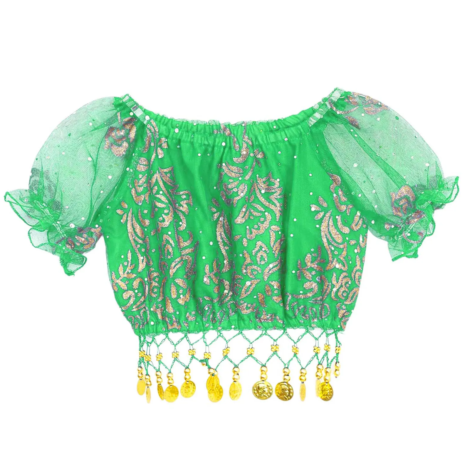 Traje de danza del vientre para niñas, traje de madera del vientre indio Oriental, Top corto con mangas abullonadas y falda, pañuelo y tocado con cadena en la cintura