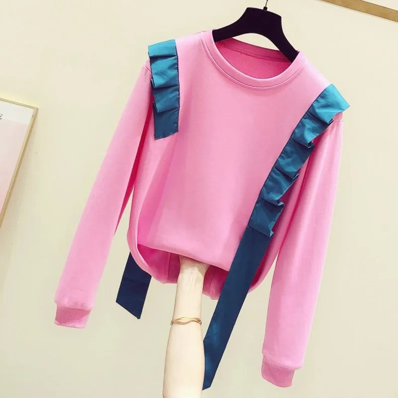 

Ruffles Patchwork Women Sweatshirts 2022 Autumn New Design O-neck Long-sleeved Lady Elegant Pulls Outwear Coat Tops