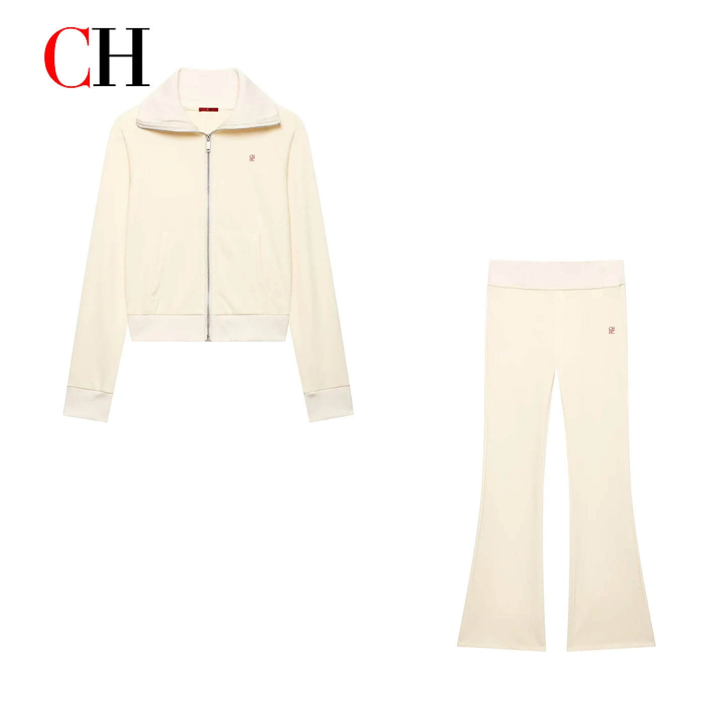 CH High Collar Zip Up Knit Matching Set Cropped Jacket Flared Pants Minimal Chest Embroidery Slim Women Leisure Outfit