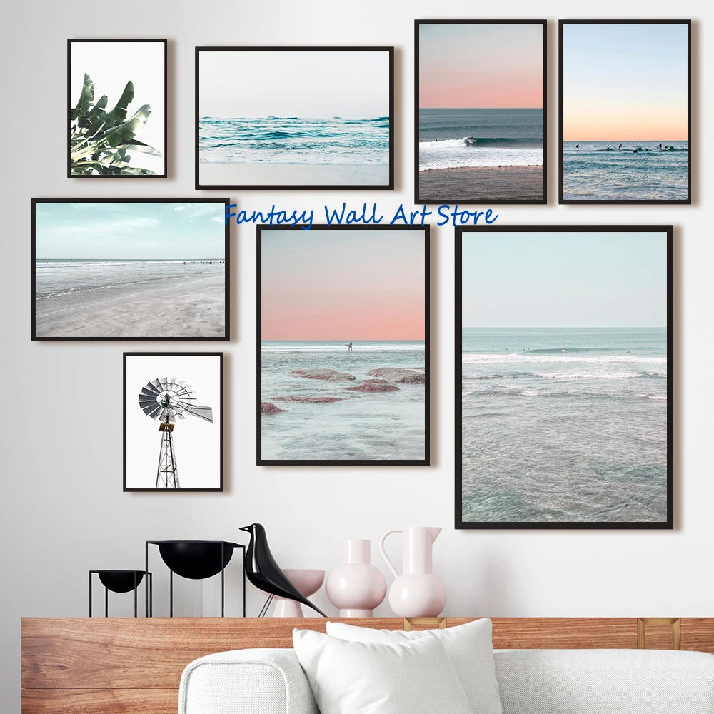Tropical Palm Tree Blue Ocean Waves Sandy Beach Coastal Photograph Art Poster Canvas Painting Minimalist Seascape Wall Pictures