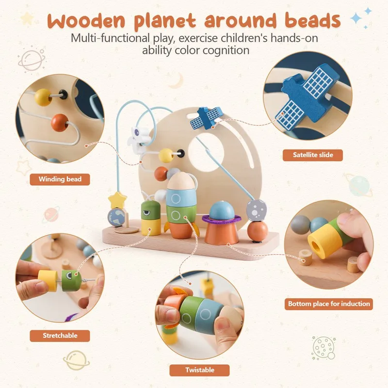 Montessori Sensory Educational Toys For Babies Wooden Aviation-themed Beaded Toy Planet Learning Finger Grip Early Training Toys