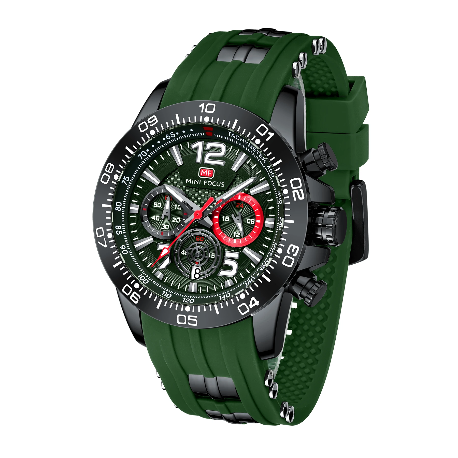 

Mini Focus MF0290G Sports Watch Green Silicone Strap Chronograph Waterproof Luminous Hands Men Quartz Watches