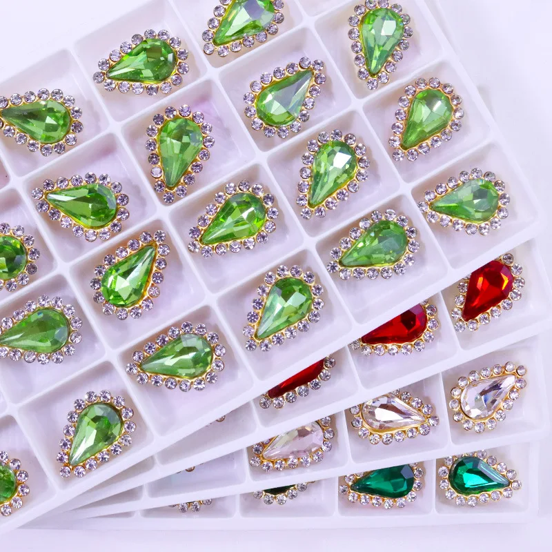 Colorful 13x18mm Teardrop Glass Sew On Rhinestones With Golden Bottom Flatback Crystals Stones For Clothing Accessories