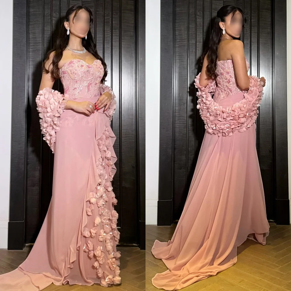 

Индивидуальные современные стильные классические шифоновые платья ручной работы с цветочной складкой, прямые длинные платья без бретелек, одинаковые платья на заказ для особых случаев