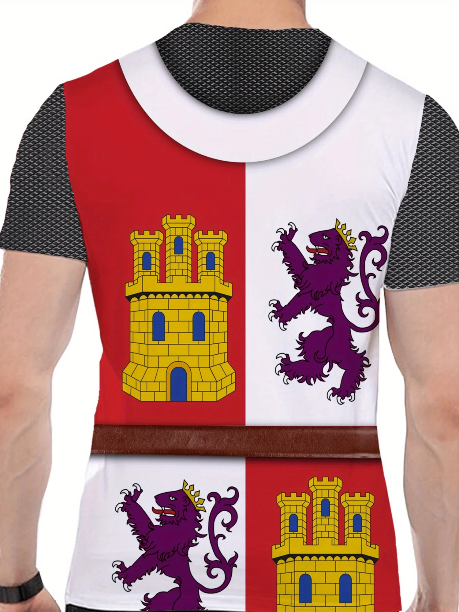 Men's Retro Medieval Knight 3D Print T-Shirt - Short Sleeve, Red & White Geometric Design with Castle & Dragon Emblem