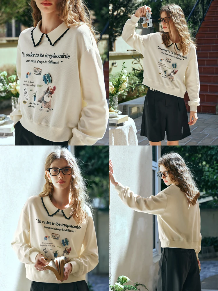OLrain Women's Apricot New in Sweatshirt Autumn 2025 Casual Long Sleeve Polo Tops Knitted Print Ladies Sweatshirts G24CR89986