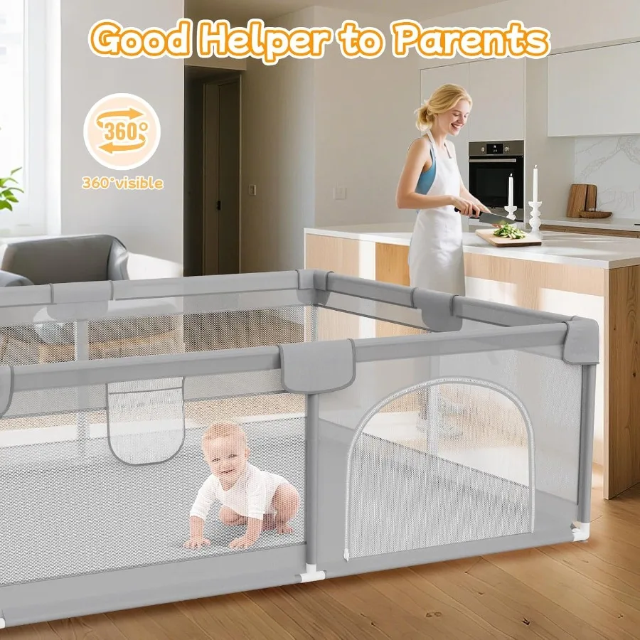 Cercadinho grande para bebês de 74 "x 50" - Cercadinho para bebês e crianças com malha respirável e 2 alças - Lei de segurança para cercadinho de bebê