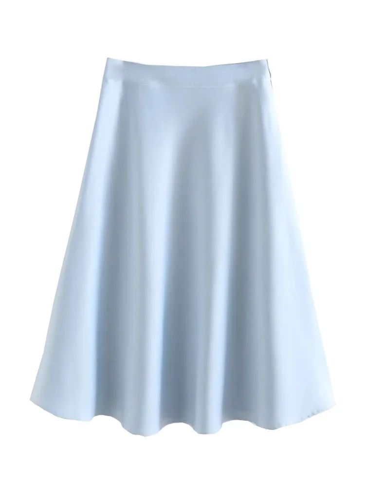 KAOPU ZA Women satin midi skirt vintage high waist side zipper fly female skirts mujer