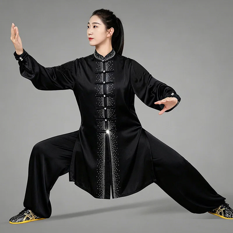 2026 Chinese Style Tai Chi Suit - Black Acetate Satin Rhinestone Summer Thin High-End Competition Uniform for Women & Men Wushu