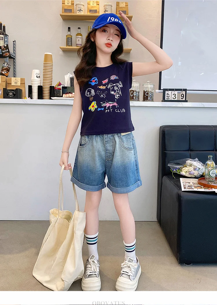 Neu eingetroffen: Sommerliche Jeans-Shorts mit Farbverlauf für Mädchen von 5 bis 14 Jahren, modische Teenagerkleidung, lässige kurze Hosen für Kinder. – Detail 7