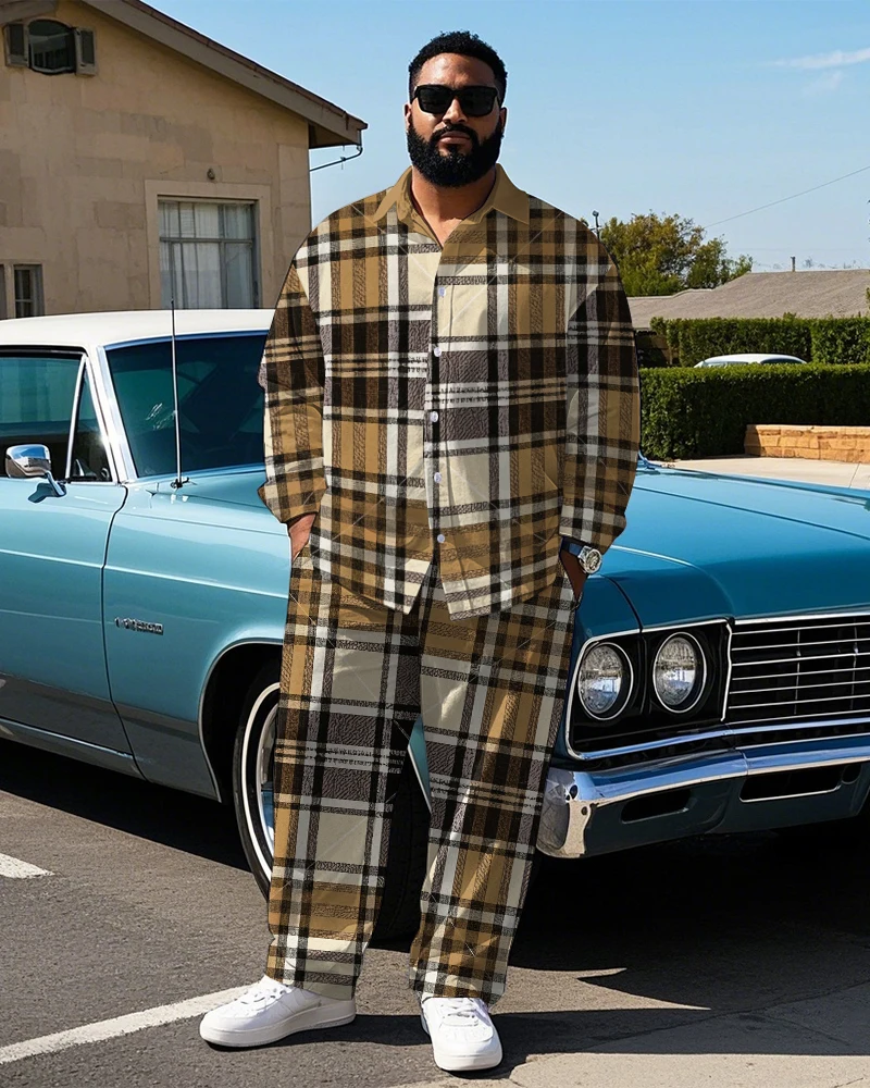

S-9XL Big and Tall Men Vintage Brown Plaid 2-Piece Long Sleeve Shirt & Pants Streetwear Set