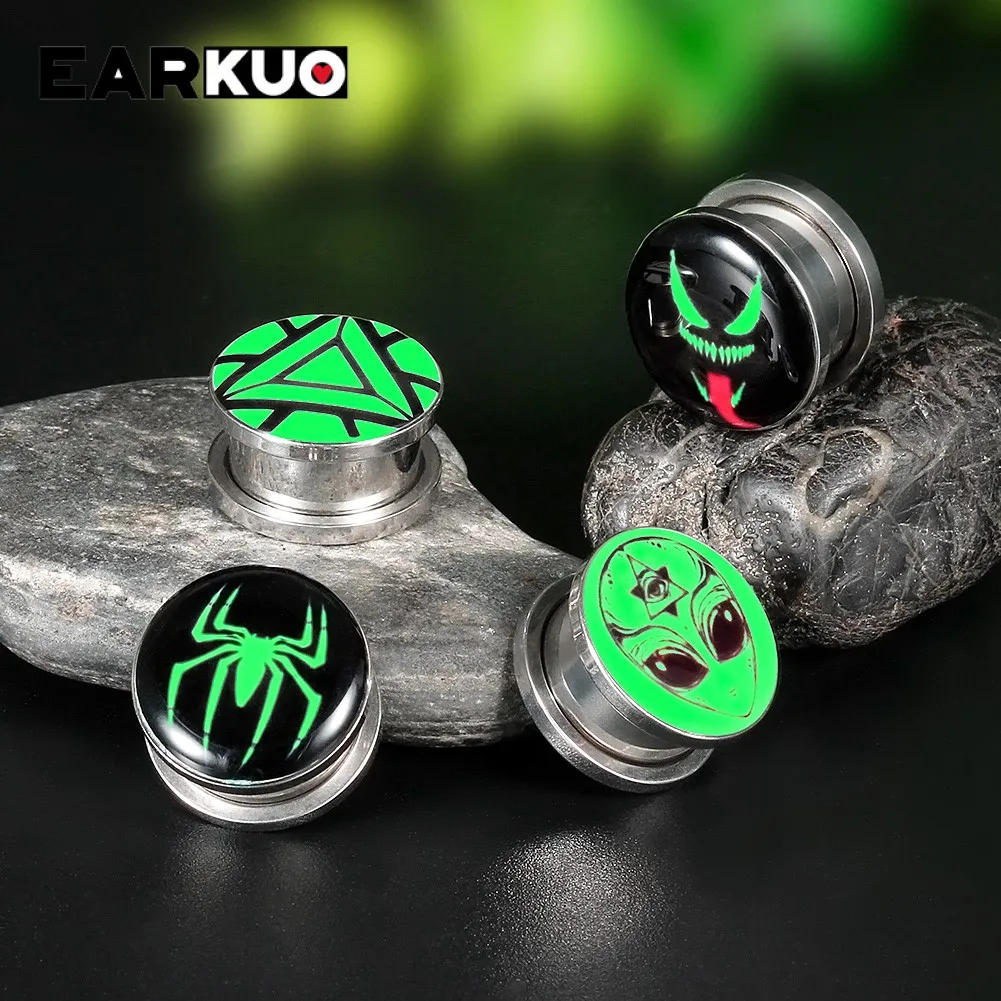 EARKUO Fancy Popular Stainless Steel Luminous Ear Gauges Plugs Stretchers Piercing Body Jewelry Earring Expanders 2PCS 6-30mm