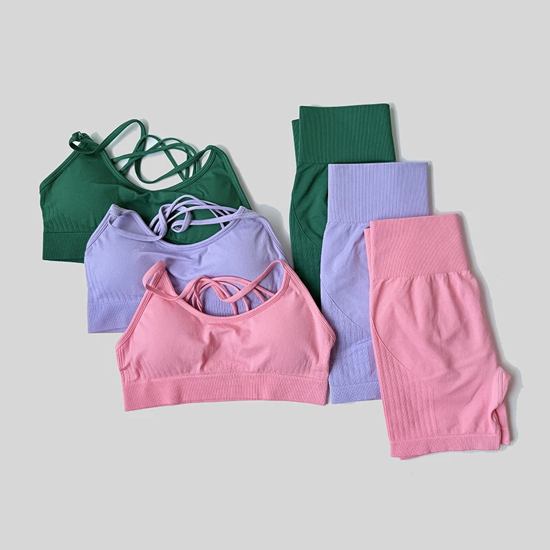 Traje de Yoga para mujer, conjunto deportivo para levantamiento de glúteos, pantalones cortos, ropa de ejercicio para gimnasio, parte de atrás bonita, traje de entrenamiento con sujetador