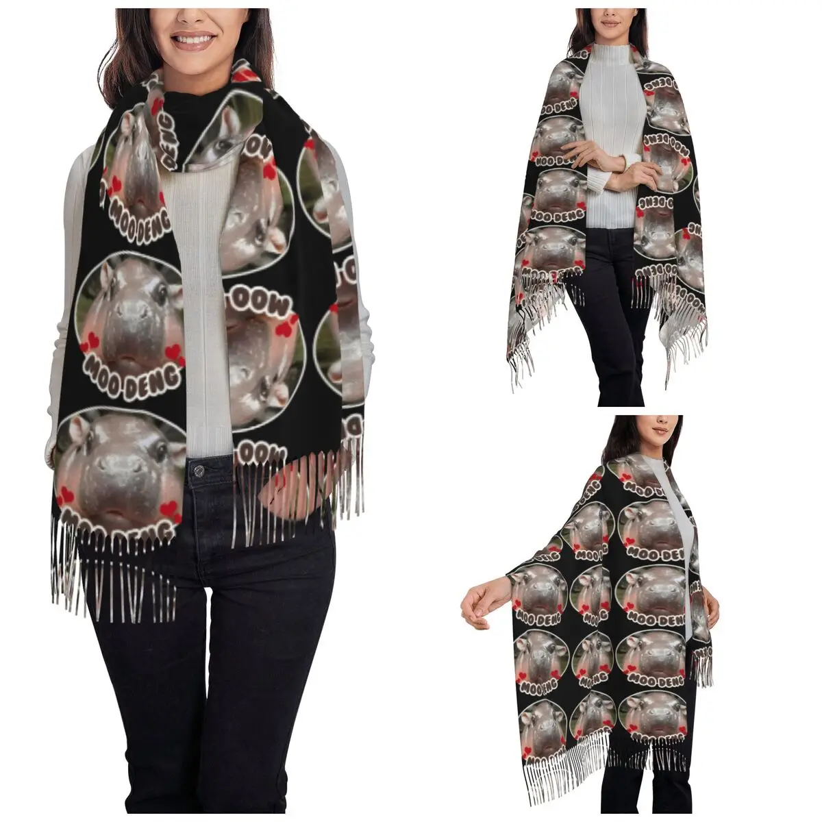 Moo Deng Bouncy Pig Shawl Wrap for Women Winter Warm Long Soft Scarf Cute Baby Hippo Pashminas Shawl Scarves