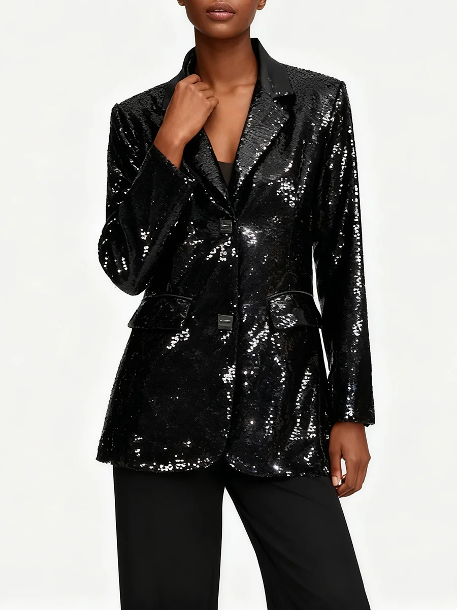 VGH الصلبة تصميم تحسس الترتر الحلل للنساء التلبيب كم طويل تقسم زر الخريف مزاجه السترات الإناث موضة جديدة