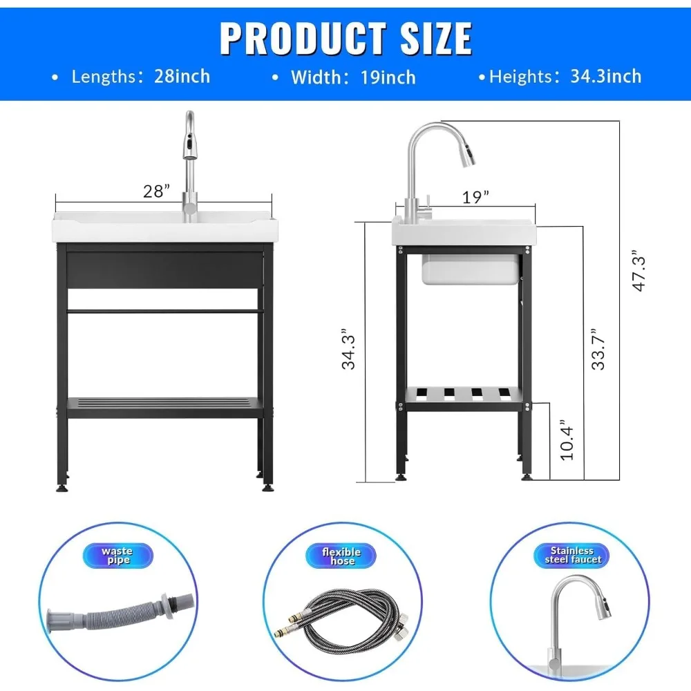 Freistehendes 28-Zoll-Keramik-Spülbecken mit Waschbrett, Kalt- und Warmwasserhahn, Schläuchen für Waschküche