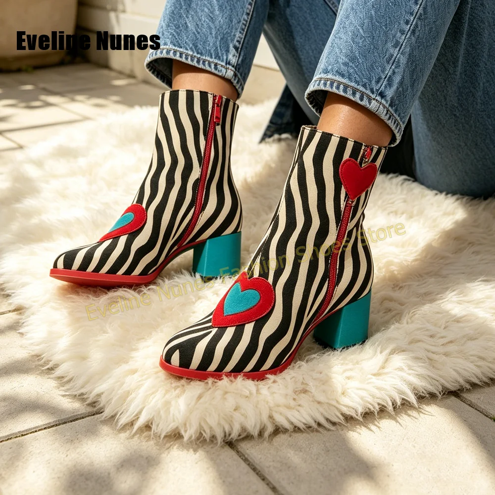 Women Zebra Stripe Ankle Boots Color Block Heart Patch Block Heel Side Zipper Retro Fashion Party Streetwear Short Boots 2026 - view 3