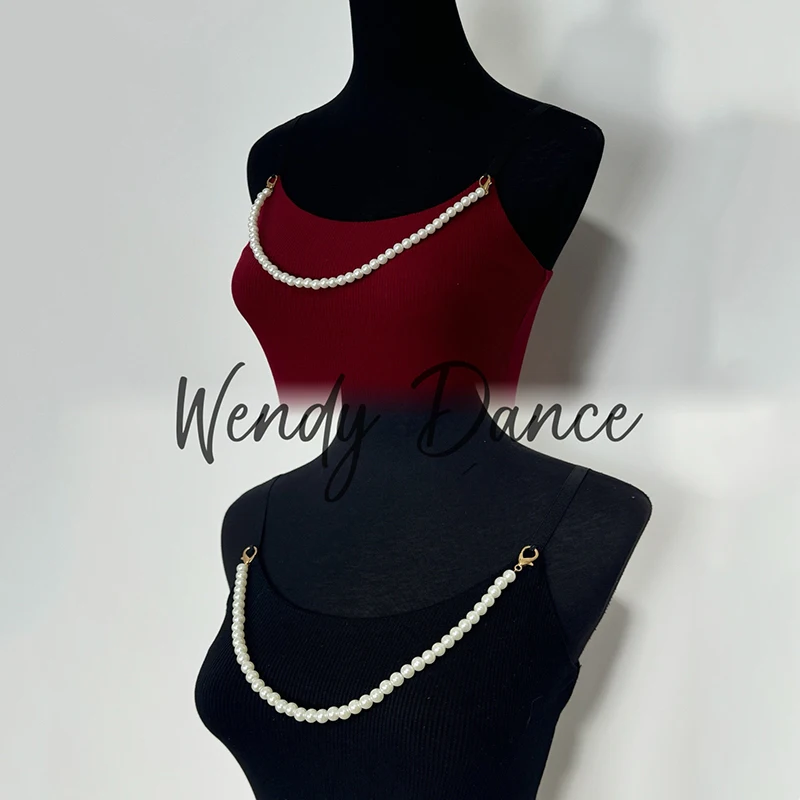 Body de baile latino con cadena de perlas para mujer, Tops con tirantes negros burdeos, ropa de actuación de baile de salón, ropa de práctica DNV23932