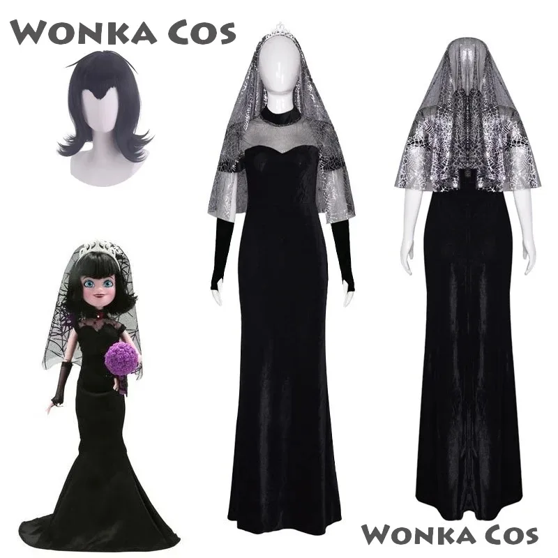 Adultos Hotel Transilvania 4 Cosplay disfraz de Mavis vestido de novia negro con pañuelo para la cabeza conjunto de peluca ropa de rendimiento; 6'x, 9;y'