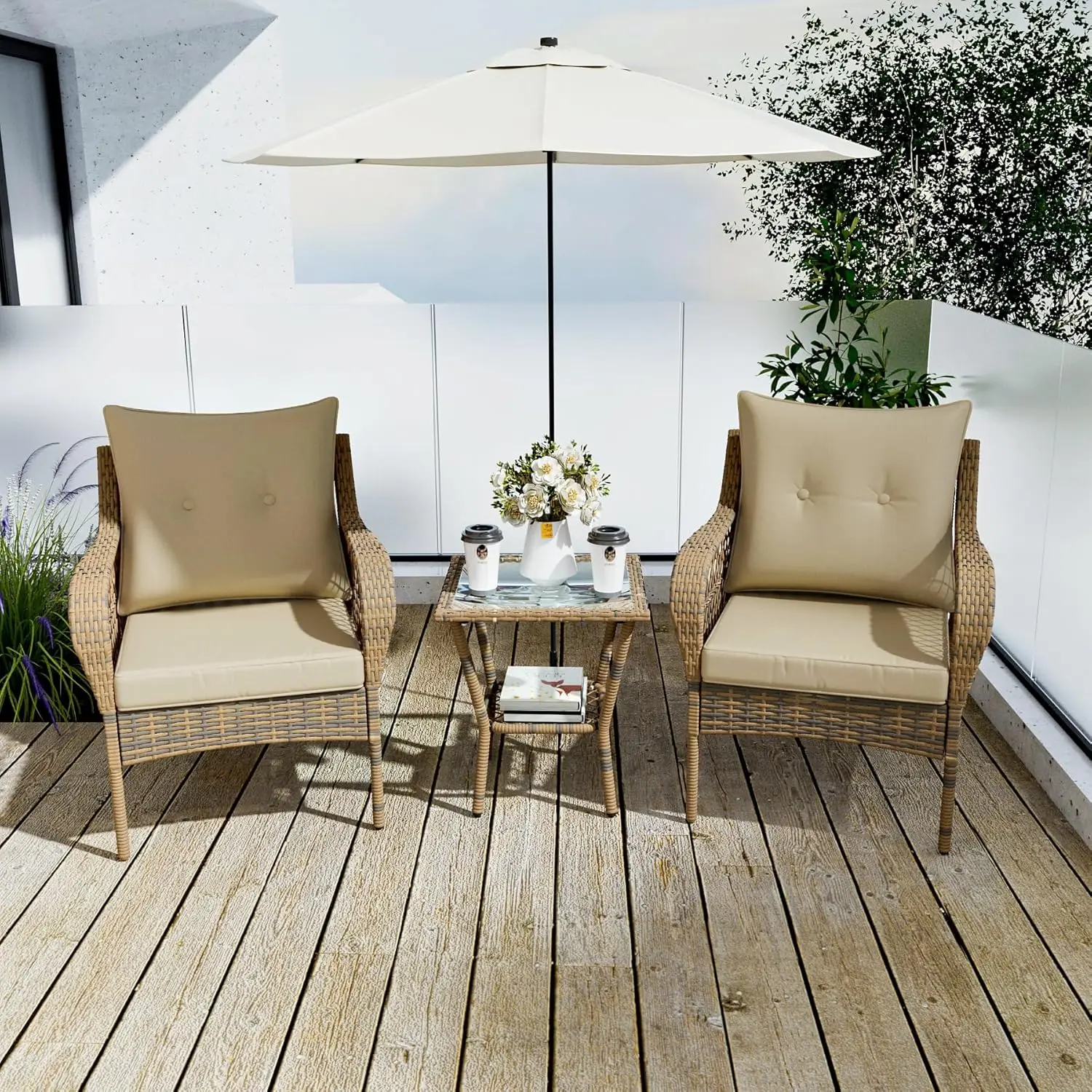 

3 Pieces Patio Conversation Set, Outdoor Wicker Chairs Set of 2, Rattan Furniture with Cushion and Glass Top Side Table for Gard