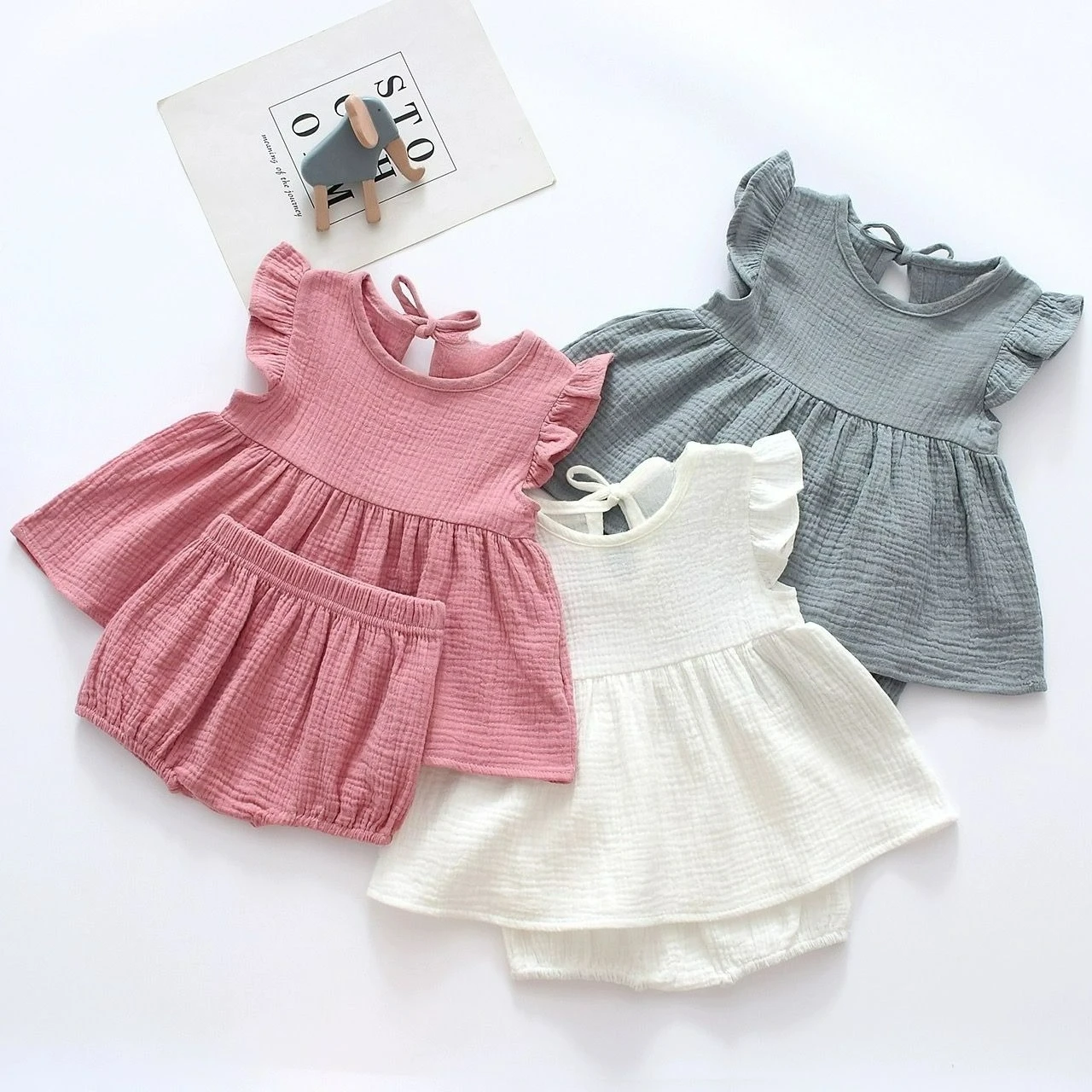 Infant Girls Cotton Romper Set Summer Short Sleeve Top & Shorts Pure Color Flutter Sleeve Outfit