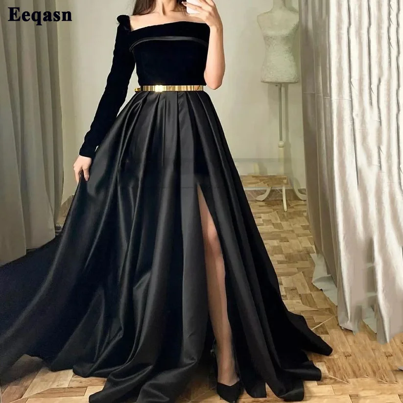 

Eeqasn Black Satin Velvet Prom Dresses Women Formal Evening Party Dress Long Sleeves Slit Side Pageant Gowns Celebrity Dresses