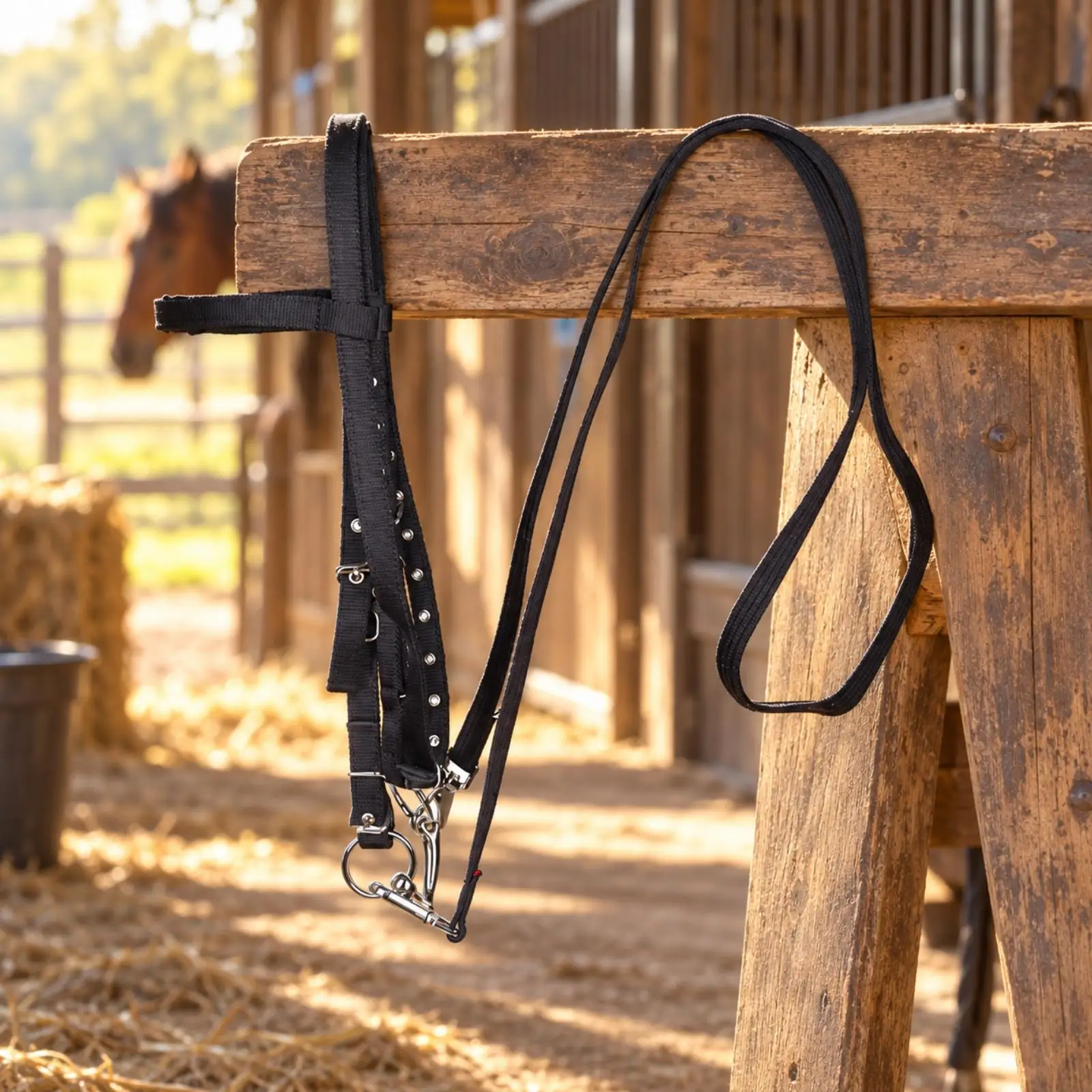 Equestrian Bridle Halter for Small Horses with Metal Buckles and Long Loop Reins for Daily Training Use