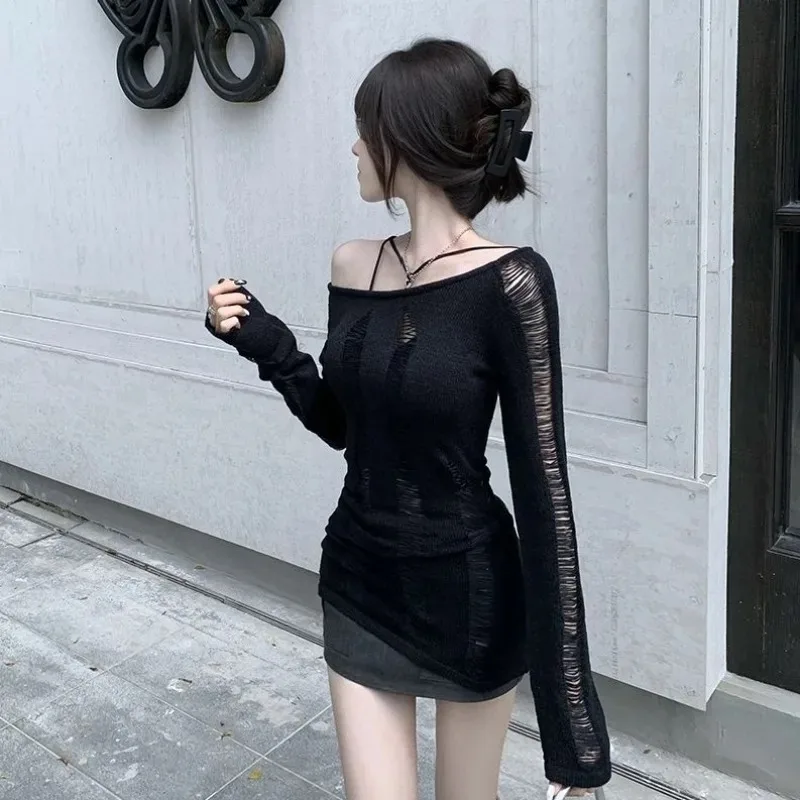 New Hollow Out Cool Pullover Goth Split Hole Knit Sweaters Women Dark Black Gothic Lady Sweater Autumn Sexy Jumpers