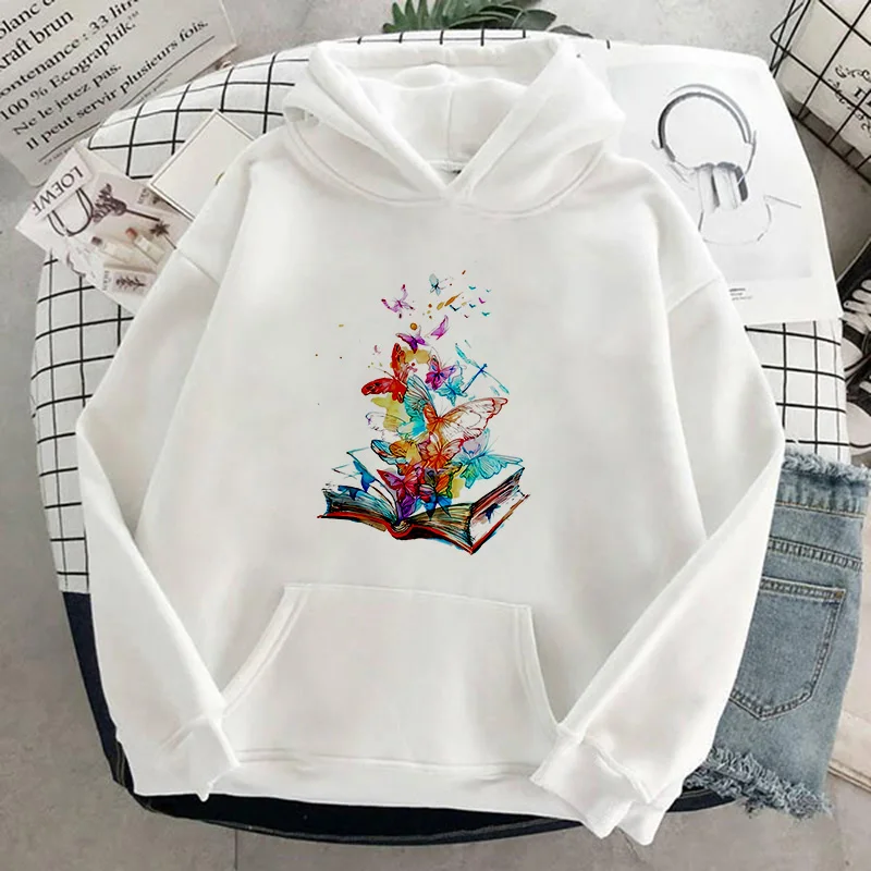 Autumn Winter Women Sweatshirt Solid Color Aesthetic book Printed Sweatshirt Hoodies Loose Pullover Casual All-match Top Female